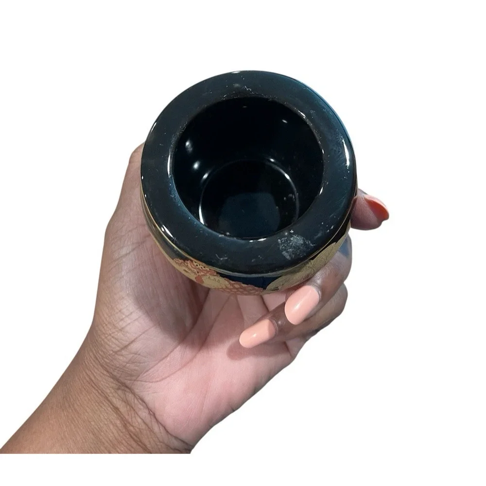 Black Ceramic Mini Vase Bonsai Pot with Elephants Oriental Decor Black Decor